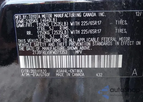 2015 Toyota Rav4 Le from USA, damaged, VIN 2T3BFREV9FW271353